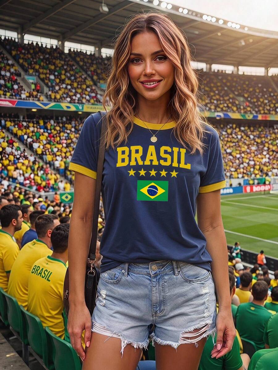 Zolique BRASIL 5星巴西國旗印花海軍藍底黃色對比飾邊短袖T恤女款 2026世界盃球迷寬鬆觀賽上衣 - 彩色 - 查看 1