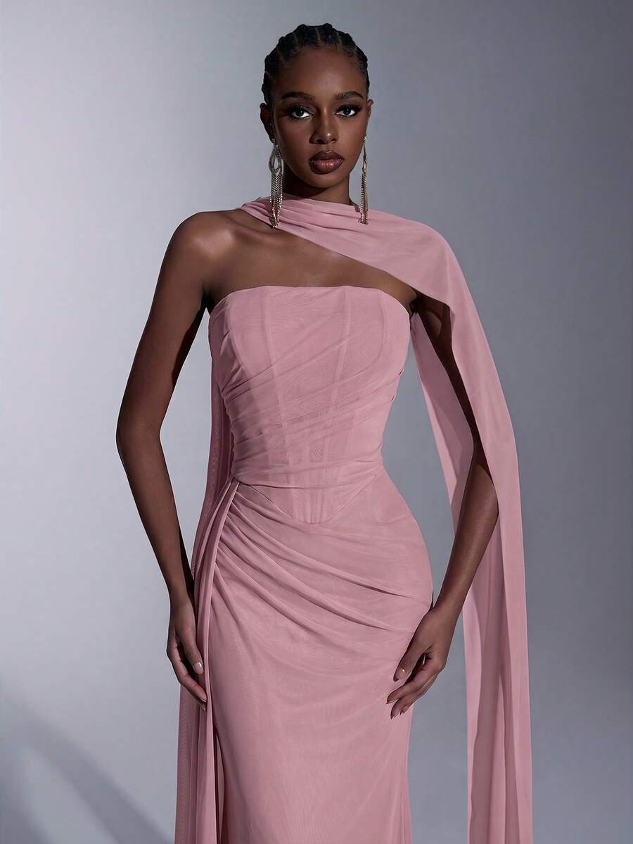 Elitara Dusty Pink Summer Elegant Formal Prom Wedding Bridesmaid Dress,Chiffon Strapless Shaping Mermaid Pleated Side Draped Detachable Multi-Way Wear Gown - Dusty Pink - View 1