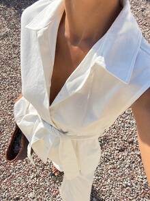 Livesso Women's Sleeveless V-Neck Belted Top And Loose Long Pants Denim Set - White - View 7