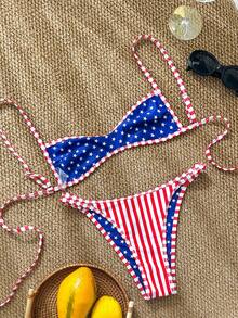 Swim Mod 新款女款海灘泳衣套裝 夏季新品 海灘與海邊通用 可正反穿 2 件套 貼身版型 藍紅配色 雙面穿 2 件套 美國國旗印花 星星印花 紅白條紋印花 字母印花 可調節比基尼上衣 可調節比基尼褲頭 適合夏季海灘 泳池 度假穿著 - 彩色 - 查看 7