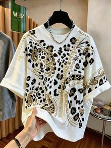 Resyla Women's Leopard Print Round Neck Short Sleeve Casual Streetwear Loose T-Shirt Everyday White Animal Print Summer - Multicolor - View 3