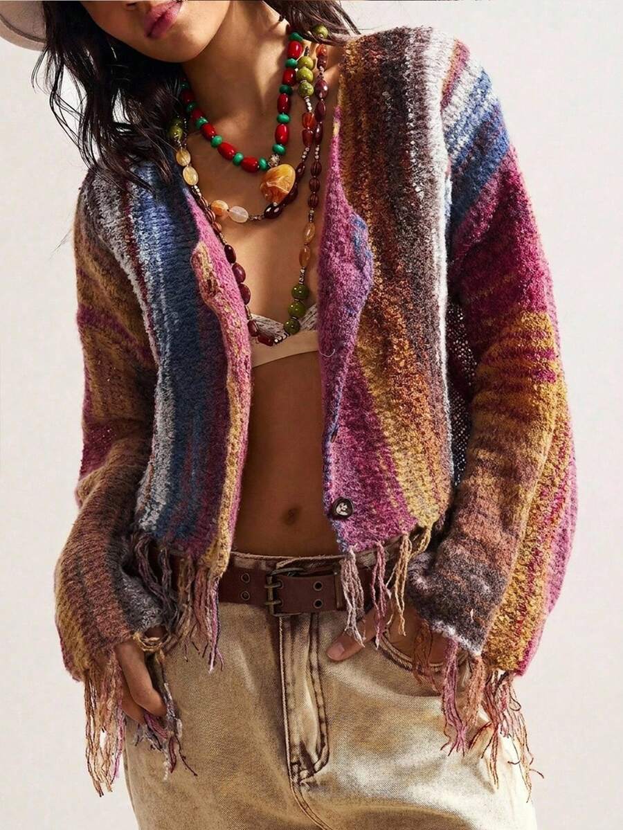 Bohemela 秋季萬聖節聖誕節休閒女款對比色長袖開襟外套 - 彩色 - 查看 1