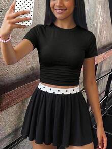 SHEIN 青少年女孩夏季修身T恤與裙子2件套，新款夏季黑色對比色圓點素色短袖T恤防走光裙套裝，女孩日常通勤百搭套裝，適合日常通勤、優雅、派對家庭聚會、畢業禮物、度假穿著 - 黑色 - 查看 7