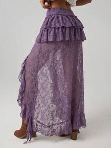 SHEIN ICON Ultra Low Waist Lace Tiered High-Low Skirt - Purple - View 2