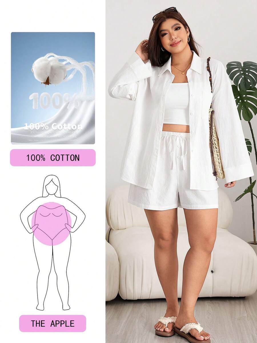 Solflare Conjunto de 2 piezas de camisa de manga larga y pantalones cortos casuales de talla grande para mujer en color blanco - Blanco - Ver 1
