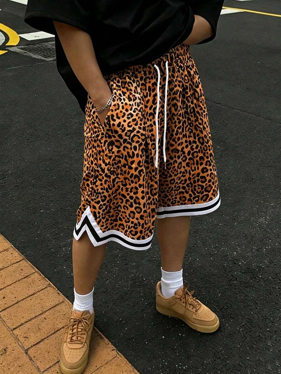 Manfinity Dauomo Men's Leopard Print Drawstring Waist Casual Versatile Daily Outing Shorts - Orange - View 1