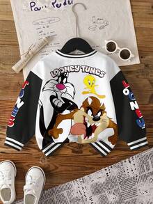 LOONEY TUNES X SHEIN Áo nỉ cổ tròn họa tiết hoạt hình phối màu phong cách thường ngày cho bé trai, thích hợp cho mùa thu. - trắng - Xem 2