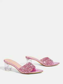 CUCCOO TILAWA Transparent Asymmetrical Chunky Heel Women's Glass Rhinestone Sandals - Dusty Pink - View 12