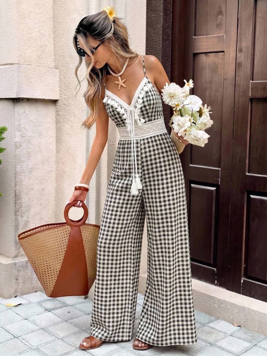 Serisse Women's Vacation Plaid Patchwork Fringe Design Jumpsuit - Black and White - View 1