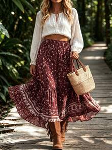LanaWest CURVE Plus Size Women's Pleated Printed Vacation Skirt - Multicolor - View 1