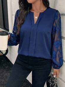 Reflora Plus Size Women's Notch V-Neck Lace Patchwork Business Elegant Shirt Formal Office Navy Blue Autumn,Graduation Outfit For Mother Fall - Blue - View 6