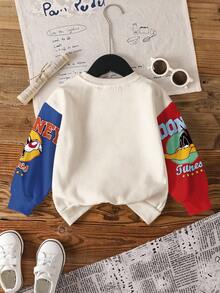 LOONEY TUNES X SHEIN Young Boy Casual Fashionable Street Cartoon Letter Graphic Contrast Color Dropped Shoulder Loose Pullover Sweatshirt - White - View 2