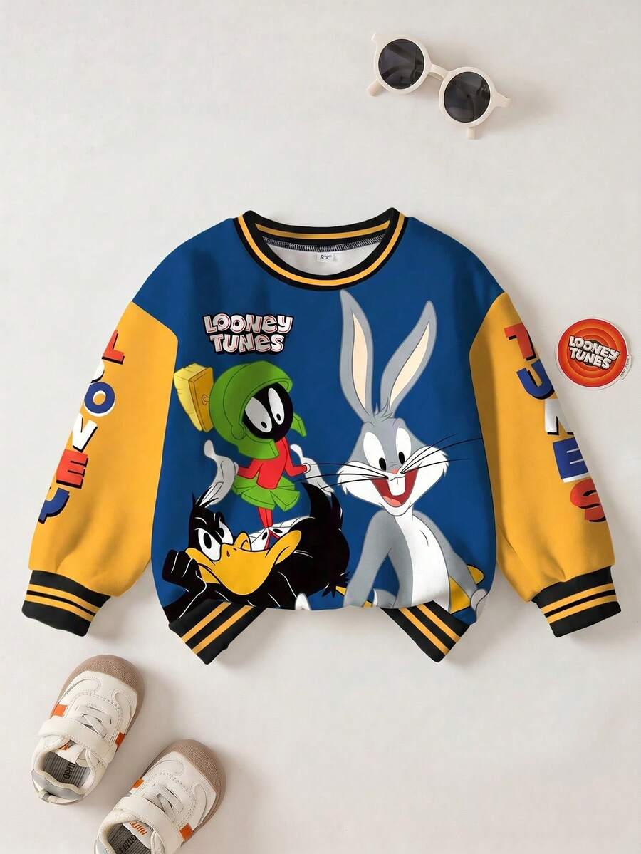 LOONEY TUNES X SHEIN 小男孩圆领长袖舒适休闲卡通可爱街头校园棒球夹克,撞色衣领和袖口英文字母图案运动衫 - 白色 - 查看 1
