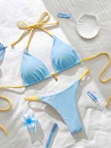 Elavelle Springbreak 女款海灘裝夏季套裝 素色細肩帶性感比基尼套組 - 彩色 - 查看 3