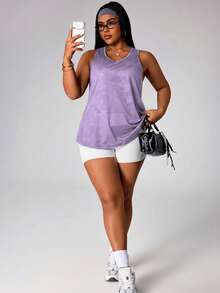 SHEIN Rhythm Era Plus Size Women's Camouflage Print Casual Athletic Fitness Sports Tank Top Gym Purple Summer Gym - Lilac Purple - View 6