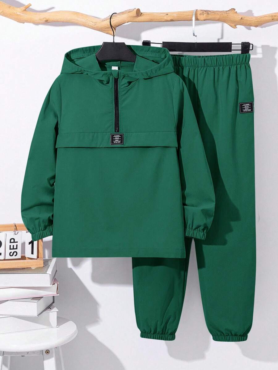SHEIN 2件組兒童小男孩休閒日常百搭舒適拼接連帽半拉鍊套頭寬鬆長袖外套與彈性袖口寬鬆長褲梭織套裝,適合學校、花園、海灘、生日、春夏季 - 綠色 - 查看 1