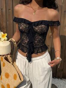 Aloruh Women's Ruffle Lace Off-Shoulder Fitted Sexy Top - Black - View 3