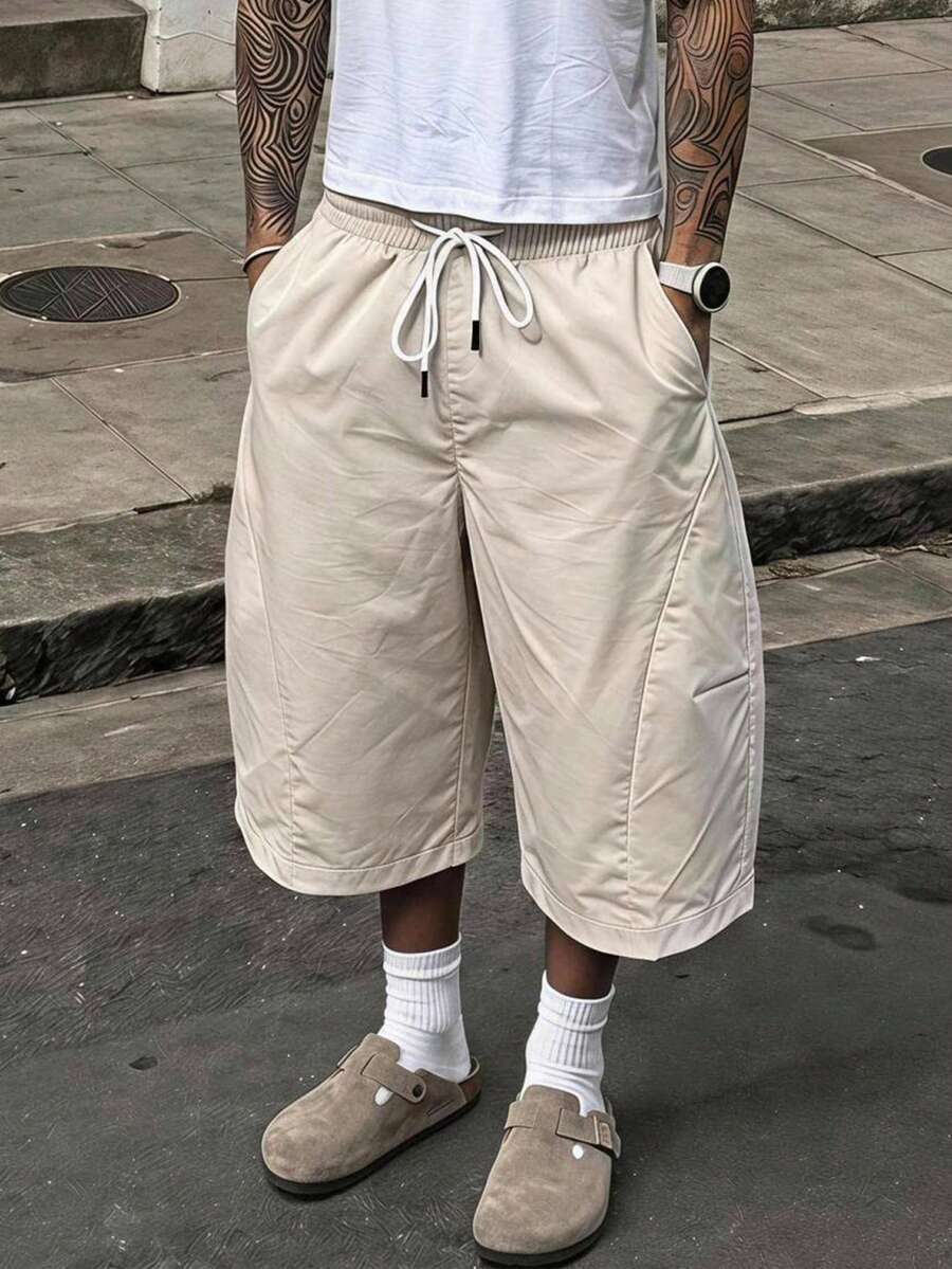 SERO LANO Pantalones cortos casuales de unicolor con cintura de cordón para hombres, vacaciones - Beis - Ver 1