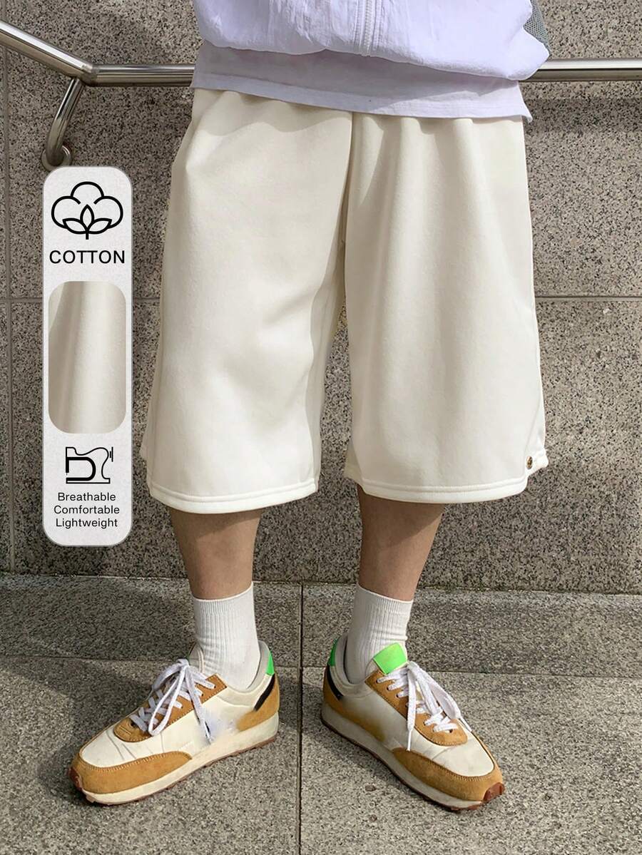 DAZY Solid White Elastic Waist Men's Shorts With Button Cuffs - White - View 1