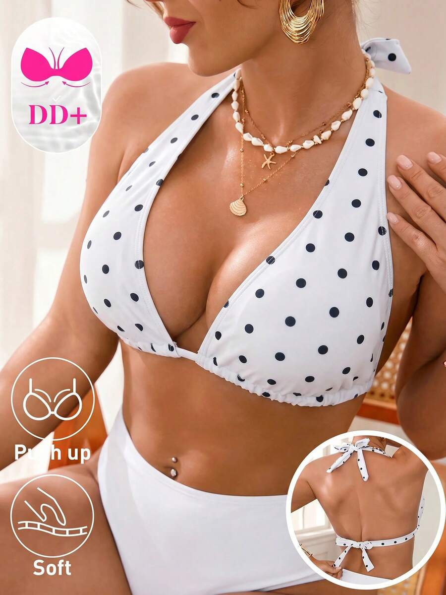 Swim DD+ 女款夏季海灘純色波點印花性感掛脖比基尼上衣 - 白色 - 查看 1
