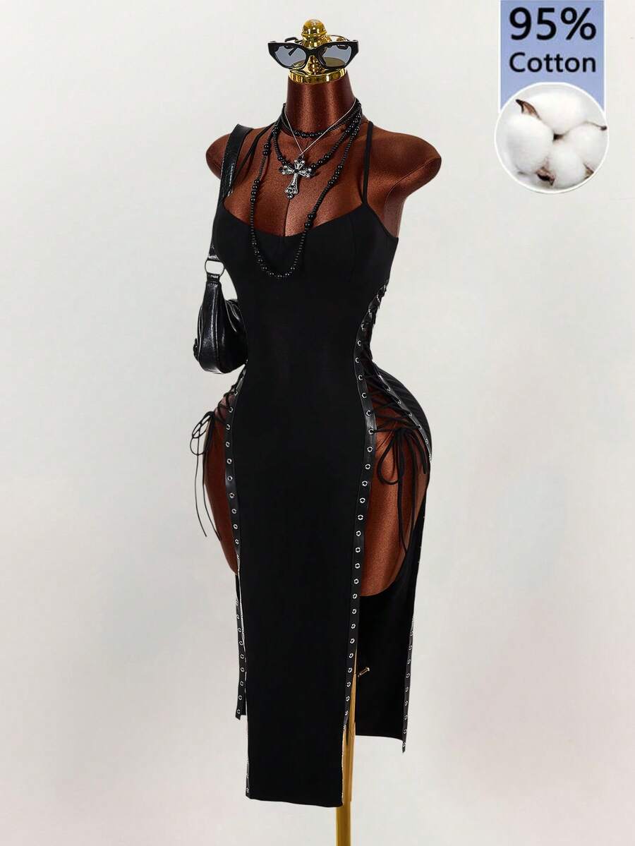 Amplova Damen Kleid in mittlerer Länge mit Spaghettiträgern, Ring-Detail, Schlitz und Bindeband