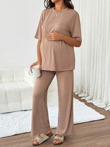 Slowluna Maternity Solid Color Round Neck Nursing Top And Adjustable Waist Long Pants Casual Daily 2 Pieces Set Loungewear Pajama Nightgown Robe  - Khaki - View 7