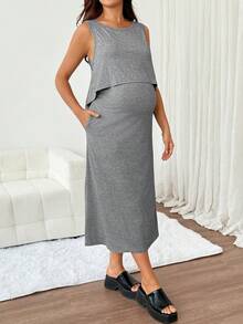 Slowluna Vestido de maternidad de unicolor con función de lactancia, casual para uso diario y salidas - Gris - Ver 10