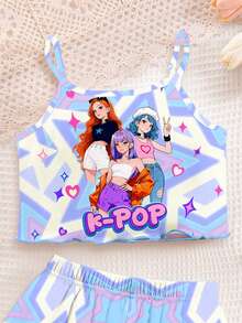 Tween女孩白色粉色星星 K-POP卡通女孩修身背心上衣與短褲居家服套裝，適合夏季日常穿著與度假 - 彩色 - 查看 4