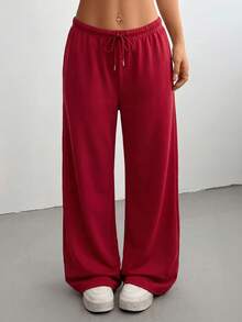 SHEIN Tall CURVE Pantalones de chándal holgados de unicolor con cordón en la cintura para tallas grandes - Rojo - Ver 5