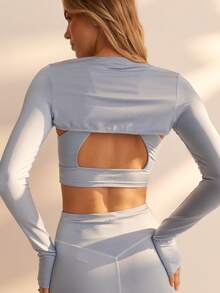Aralina Women Sports Bra Jacket Shorts 3 Piece Set Ruched Long Sleeve Crop Top Casual Workout Gym Summer Fall World Cup Going Out - Sky Blue - View 2