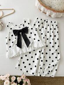 Emery Rose Kids Emery Rose Kids Young Girl Dotty 小女孩甜美背心套裝 - 黑與白 - 查看 3