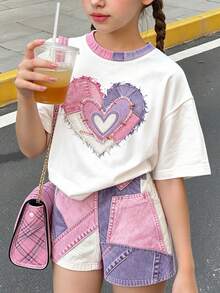 青少年女孩休閒簡約寬鬆圓領短袖T恤與寬鬆短褲2件組，適合春夏季 - 彩色 - 查看 3