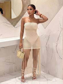 Slaydiva White Strapless Crochet Mesh Hollow Out Fringe Hem Maxi Dress - Sexy Boho Beach Vacation Club Dress Summer - Apricot - View 4