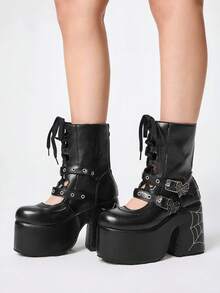 ROMWE Grunge Punk Sandales à talons pour femmes, bottes cool, sangles, ajourées, tête de sac, style romain, muffin, talons hauts, plateforme, talon compensé, sandales ajourées - Noir - Voir 3