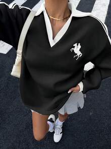 Muchica 女款秋冬保暖內裡撞色織帶POLO領刺繡寬鬆運動衫 - 黑與白 - 查看 4