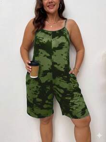 SHEIN Clasi 女款大尺碼細肩帶印花連身褲 - 軍綠色 - 查看 3