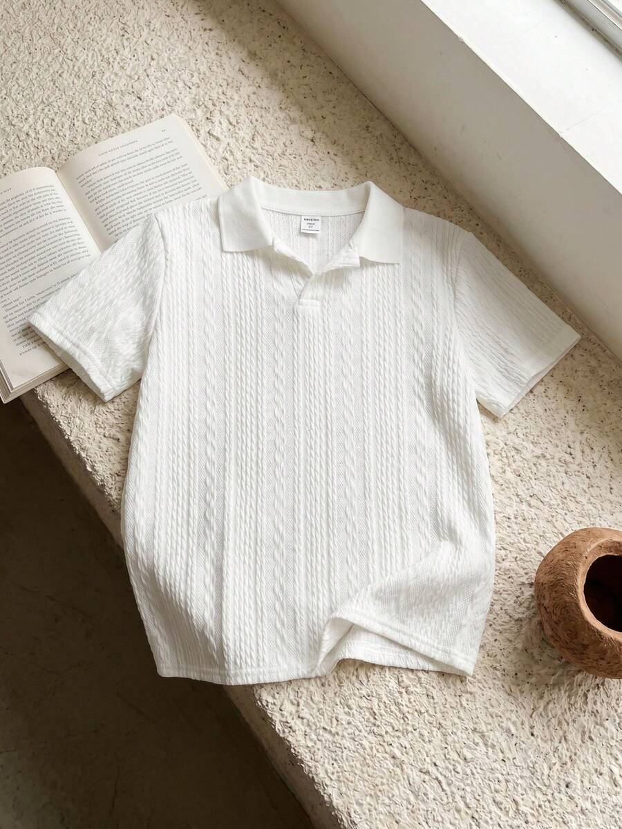 SHEIN Little Byeori 青少年男孩学院风针织纯色有领 Polo 衫 - 白色 - 查看 1