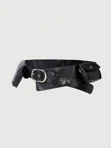 ROMWE Grunge Punk Y2K Punk Style, Black Metal Rivets, Gas Eyes, Multiple Pockets, Adjustable Metal Buckle, Women's Fanny Pack, - Black - View 7
