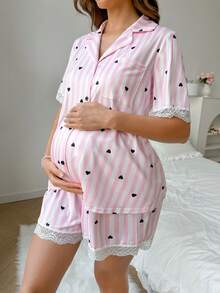 Moonlight&Mama Conjunto de pijama de maternidad con estampado de rayas y corazones, patchwork y ribete de encaje - Rosa Pálido - Ver 5