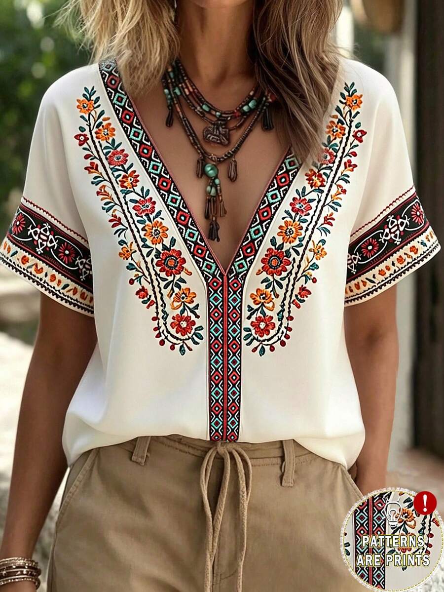 SHEIN LUNE Women's Vacation Casual Boho Floral Print Shirt White Summer - Multicolor - View 1