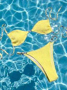 Swim Mod 春夏兩件式女款海灘套裝，時尚可愛性感度假海邊泳池派對隨機印花多色純色掛脖露背綁帶三角上衣與可調節比基尼泳褲套組 - 彩色 - 查看 4