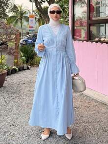 DAZY Women's Elegant Modest Lace Patchwork Textured V-Neck Mid-Length Dress, Autumn Vacation Baby Blue Sundress - Blue - View 4