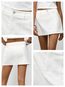 Maija Women's Solid Color Waist Button Design Casual Basic Commuter Skirt,Going Out Party Daily Outfits,Autumn Holiday Outfits Off-White - White - View 5