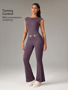 OutZeal Women Outdoor Jumpsuits Workout Gym Pilates Clothes UV Protection Buttery Soft Bra-In Flared Leg With Pocket - Purple - View 2
