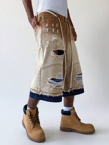 PAVTROS Celana Capri Denim Kancing Saku Berdesain Hip-Hop Ukuran Besar Pria - Khaki - View 4