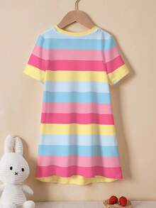 THE POWERPUFF GIRLS X SHEIN 年轻女孩夏季休闲卡通彩色条纹印花短袖T恤连衣裙 - 白色 - 查看 2