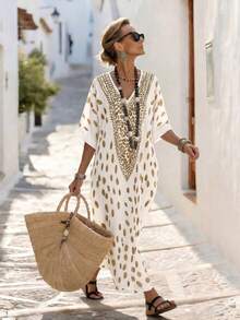 Breezaya Women's V-Neck Leopard Print Long Vacation Dress - Yellow - View 4