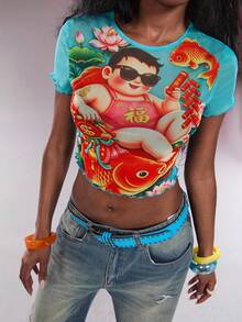 Modviera Blusa corta y sexy de mujer con cuello redondo y manga corta con estampado de peces - Azul - Ver 5