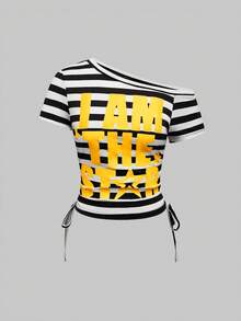 ROMWE Avant Y2k Light Y2K Millennium Striped Patchwork Bright Color Slogan Print T-Shirt - Multicolor - View 5