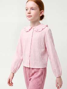 Maija Kids Maija Kids Tween Girl Casual Cute Preppy College Style Daily Peter Pan Collar Ruffle Trim Light Pink Soft Fashion Versatile Shirt Back-To-School Autumn - Pink - View 8